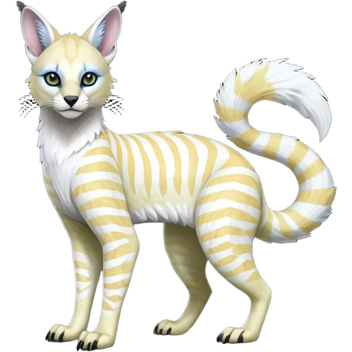 Realistic Colorful tropical tribal pale light white glorious iridescent exotic albino neon vibrant zigzagged fantasy-caracal-civet-genet-sergal-vernid-Gryphon-Cacomistle-Trico-oncilla-animal-Fakémon-hybrid-fursona (full body), facial markings, (realism style) emoji