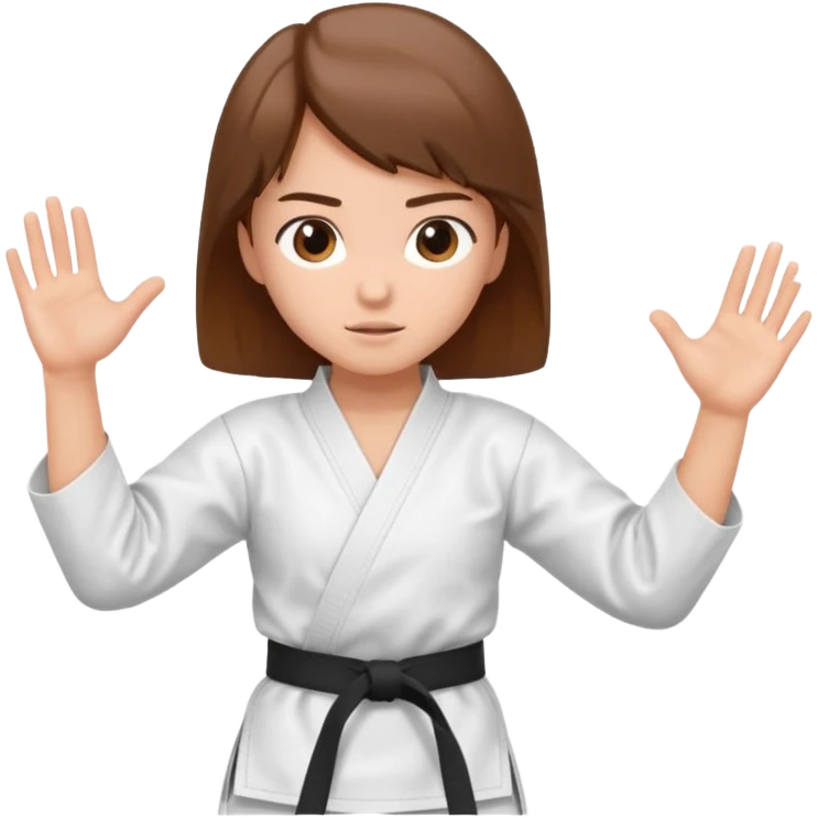 Ragazza castana che pratica karate, ha la cintura nera ed io tradizionale kimono bianco del karate, in posizione di guardia emoji