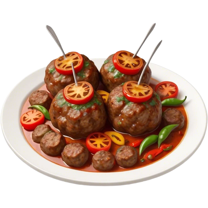 Cinematic Realistic Kofte Dish Emoji, depicted as seasoned, grilled meatballs with a charred exterior rendered with lifelike textures and robust, appetizing lighting. emoji