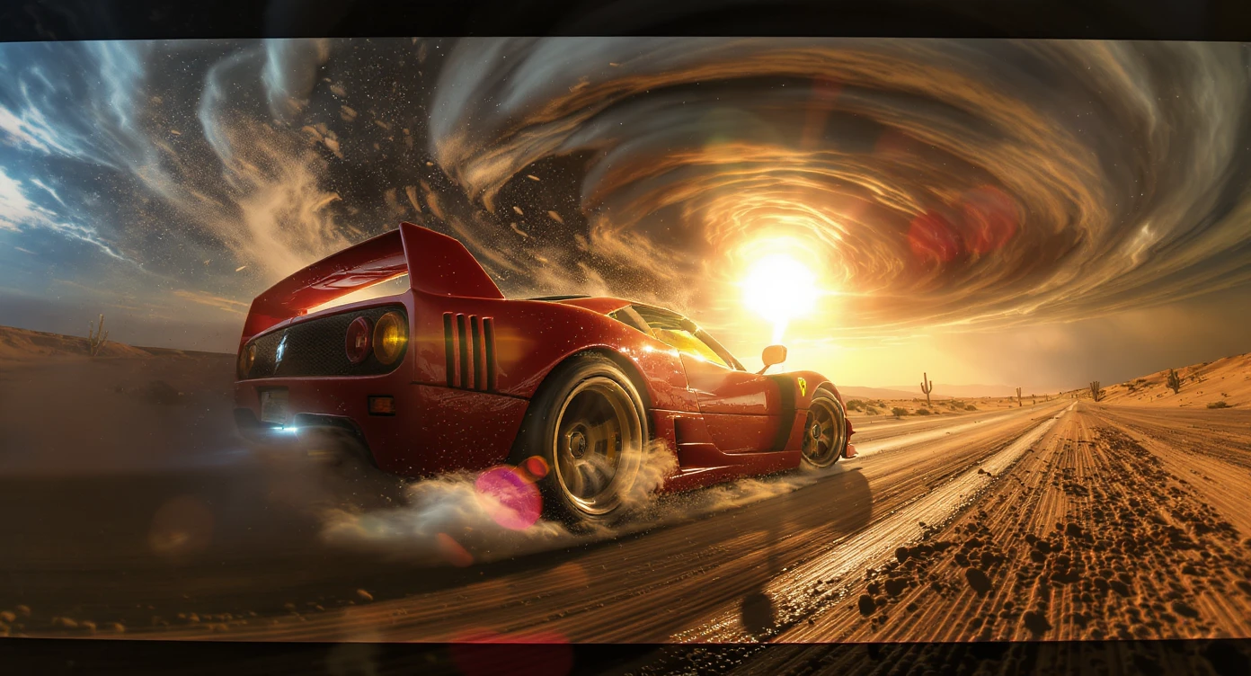 Cinematic still of a ferrari f40 around tornado od arizona desert, sun flare, captured by gopro hero with effect fisheye, water drops on car body, detailed, inspired by interstellar look, captured by a arri alexa emoji