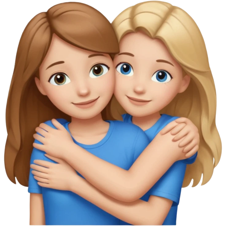 two Girls, Brown and Blonde hair, with Blue Eyes hugging one has Brown hair cute Hug  emoji