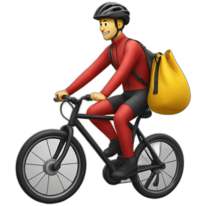 Homme en tenue jaune sur un vélo noir vélo avec un sac rouge carré emoji