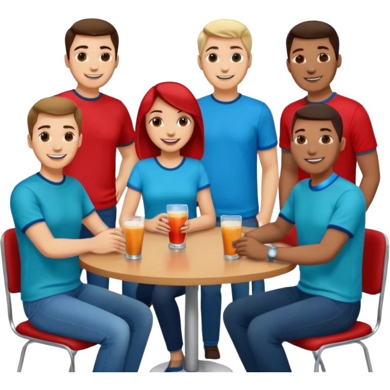 Ten adults in casual clothing with red, aqua and blue shirts, some with drinks chatting at an afterwork meeting emoji