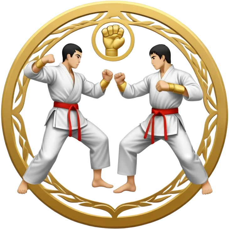 Round emblem symbolizing striking martial arts. The emblem features two fighters in dynamic stances, one delivering a powerful punch while the other defends with a block. In the center, a stylized fist and foot crossed to represent the essence of striking.  emoji
