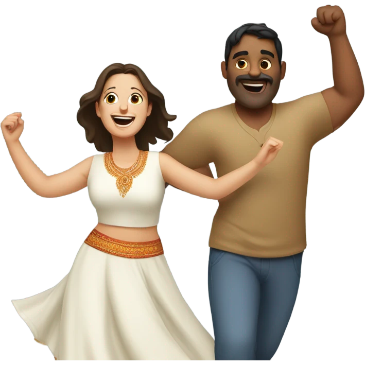 white overweight brunette woman dancing with Indian man  emoji