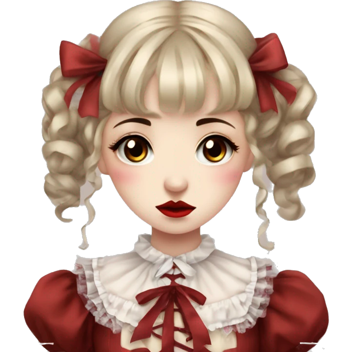 sad crying Japanese pale woman with drown curly pigtails and bangs, red lips and eyeshadow, long eyelashes, brown eyes, red Lolita dress with laces and ribbons, gothic Lolita doll look emoji