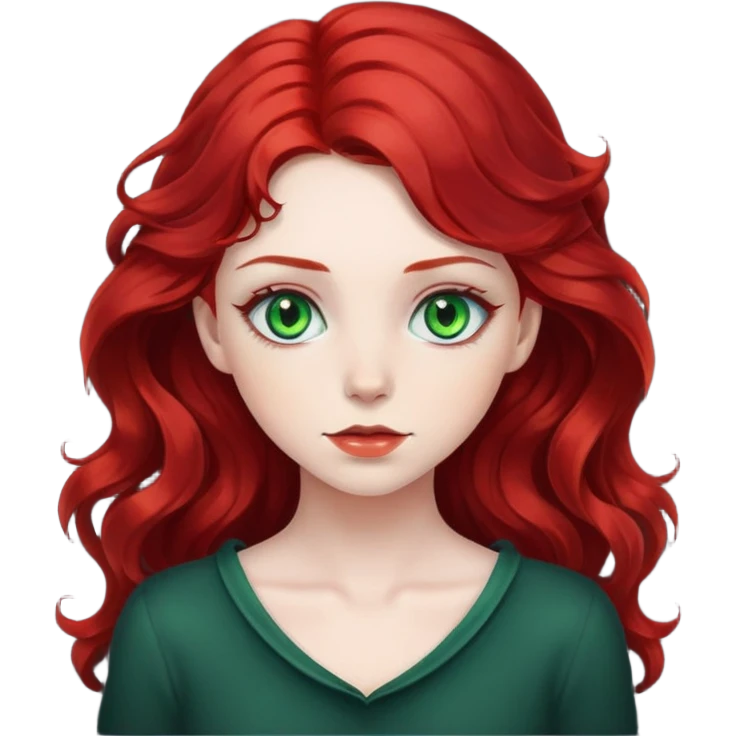 girl with green eyes, white skin, wavy black hair, red hair visible behind neck emoji