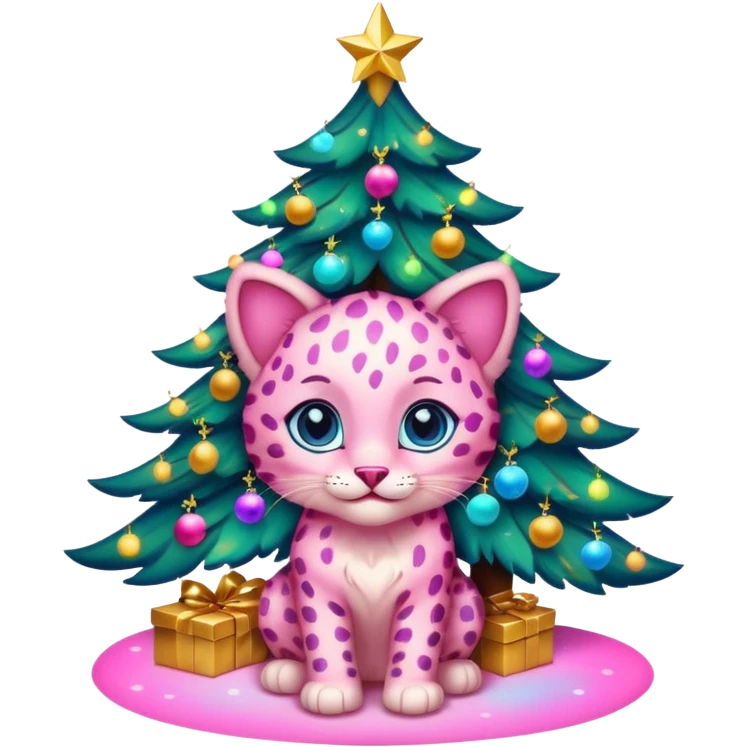 Smiling Pink Leopard kitten under a multicolored lighted glowing christmas 🎄 with a gold sign emoji