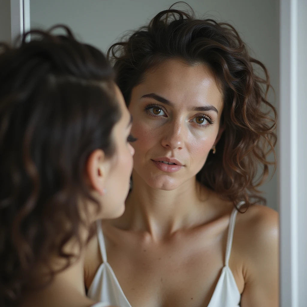 hyperrealistic 4K image of a woman with PCOS looking at herself in the mirror, spreading her hair with fingers to show the underlying scalp, evident thinning areas, detailed emoji
