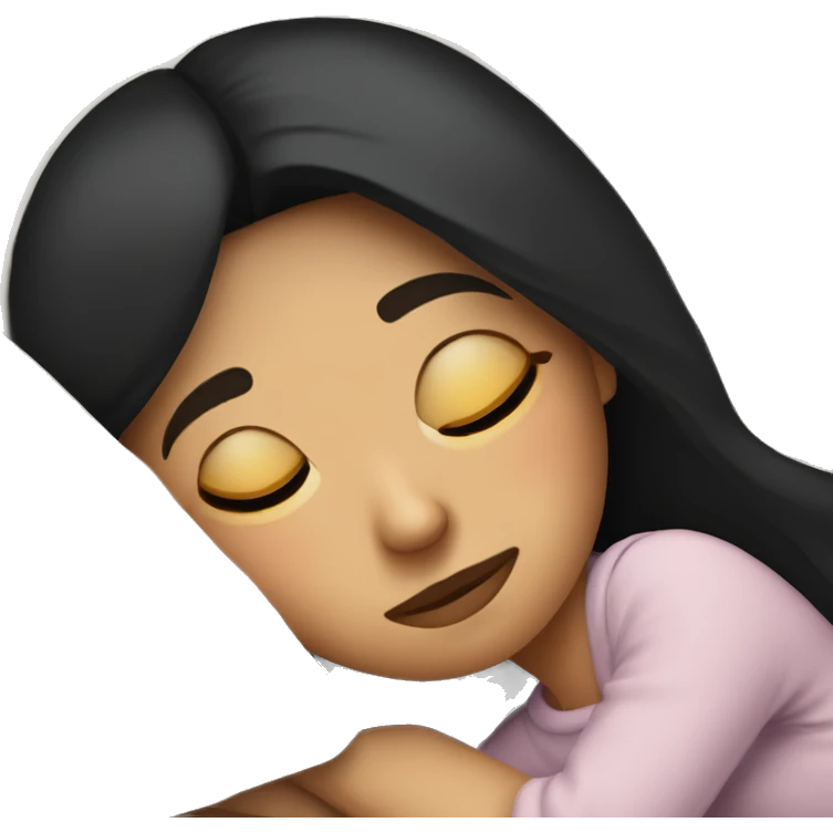 caucasian girl with black straight hair sleeping cozy in bed emoji