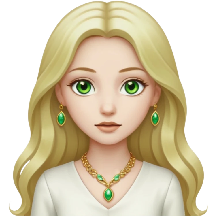 girl with very pale skin, green eyes, long dark blonde hair, white outfit, gold jewelry emoji