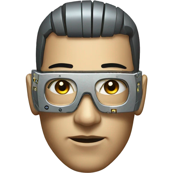 Male cyborg head with metallic skin, flat top, rectangular glasses and circuits emoji