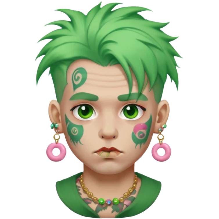 very colorful puffy green haired man made out of candy  and excessive face tattoos and excessive piercing just face  emoji