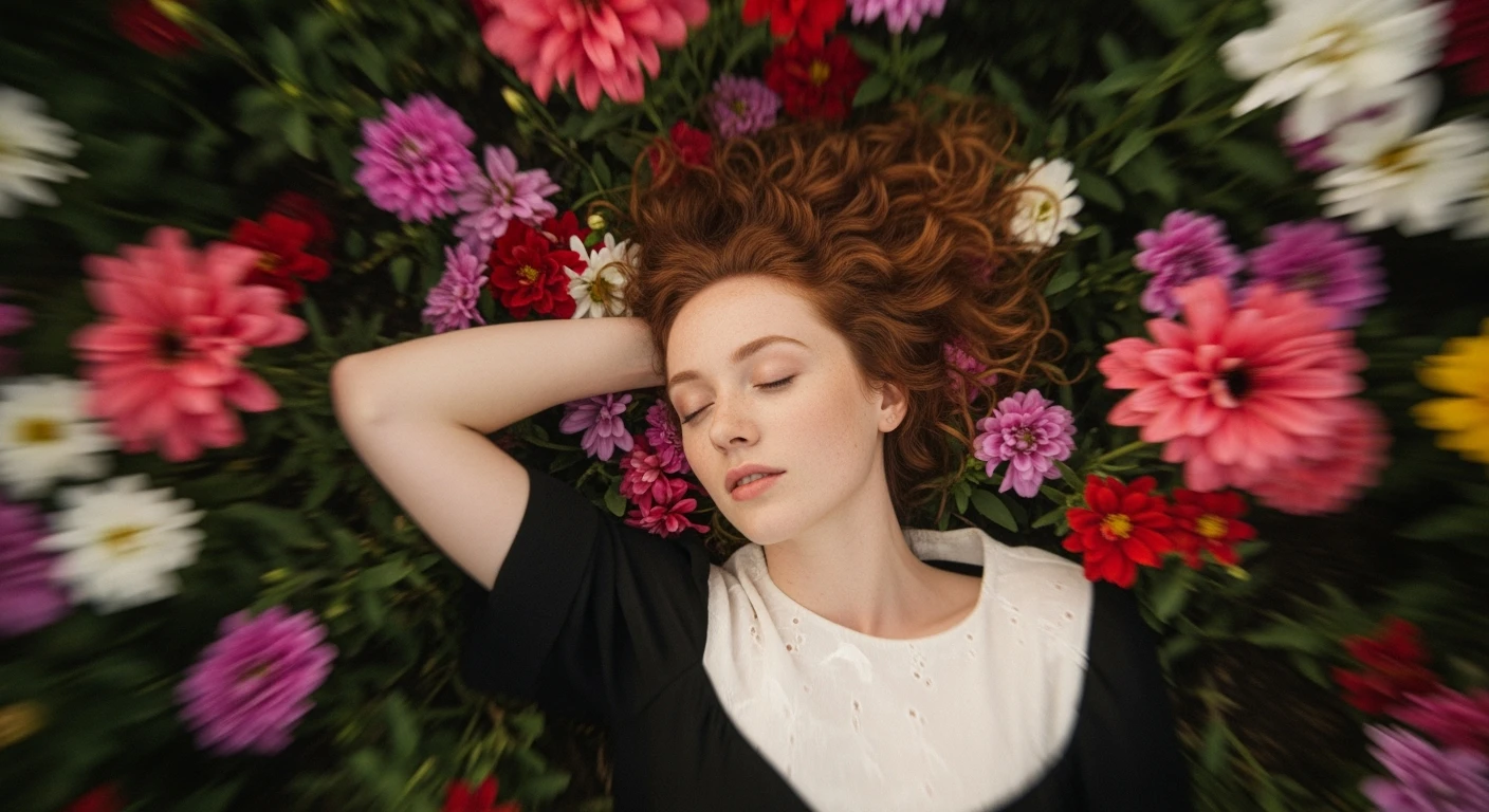 Camera drom top, Motion blur Extreme Closeup photo of a beautifull woman lay around beautifull colorfull flowers, cinematic light, 8K, very detailed, sharp, depth (foreground, midground, background) emoji