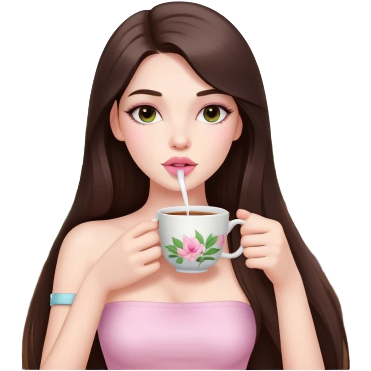 exotic pale girl, very full lips, long straight brunette hair, long lashes, pastel pink tube top, sipping tea  emoji