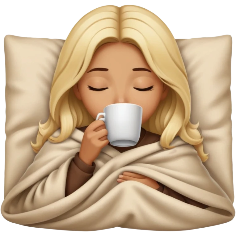 Blonde brown girl inside a blanket sipping coffee eyes closed emoji