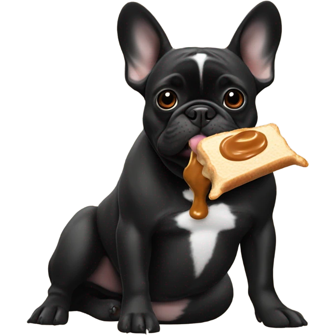 A black French bulldog eating peanut butter emoji