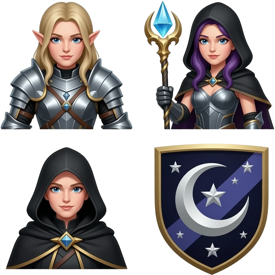 Erstelle mir 5 Discord Emojis die thematisch zu World of Warcraft und der Gilde „Kinder der Nacht“ passen. emoji