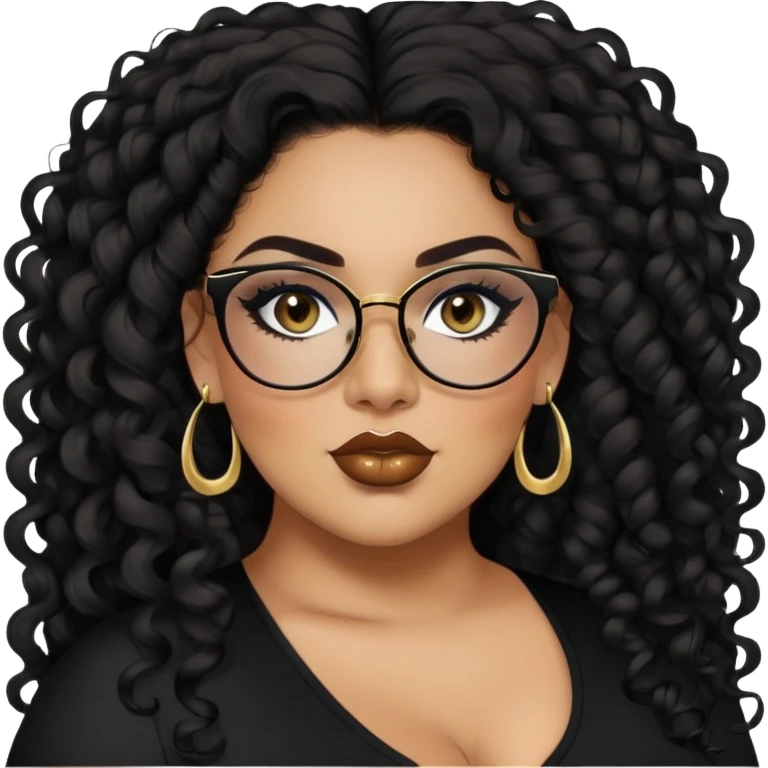 big plus size, latina, darker tan skin, long black curly hair, baddie,pretty, makeup, lipliner, black eyeliner, long hair, small gold earrings, black top, black glasses emoji
