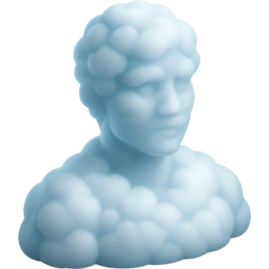 person looking straight, made entirely of white fluffy convex clouds, shoulder up, matte glass style, clouds with a light blue tint, no background emoji