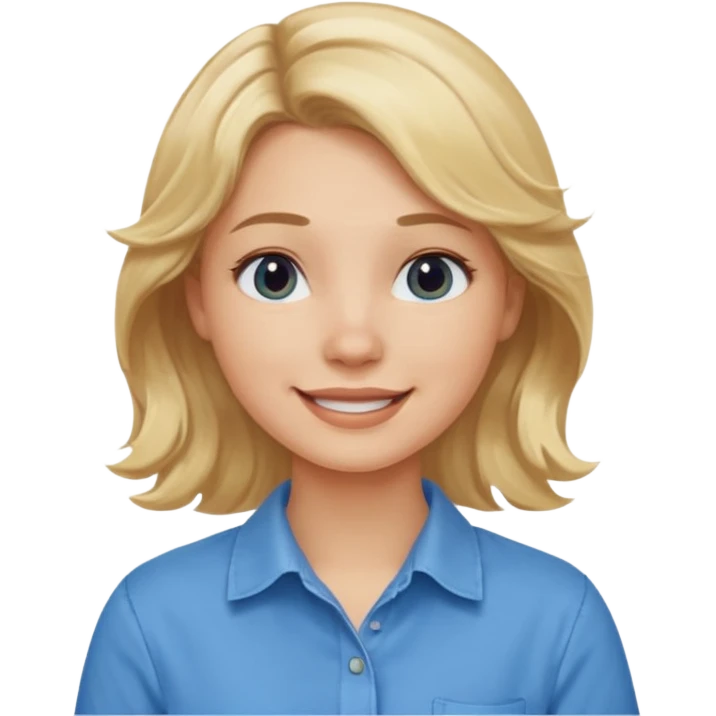Happy blond girl with light weavy hair with a blue shirt but we can see only her face and neck and the top of the t shirt, no whole body emoji