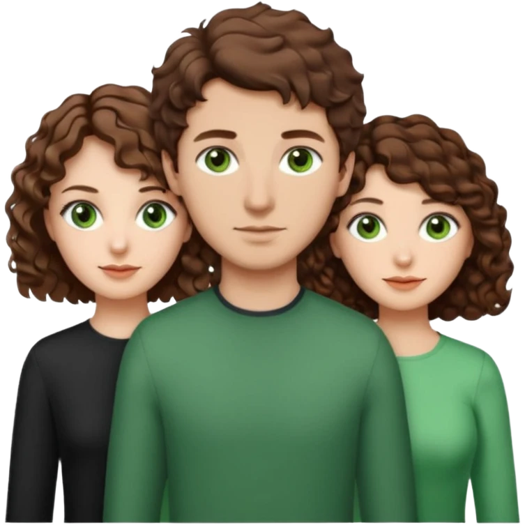 Man in the middle with brown hair and green eyes, women next to him with short brown hair with slight waves, taller women on right side with shoulder length curly hair and brown eyes emoji