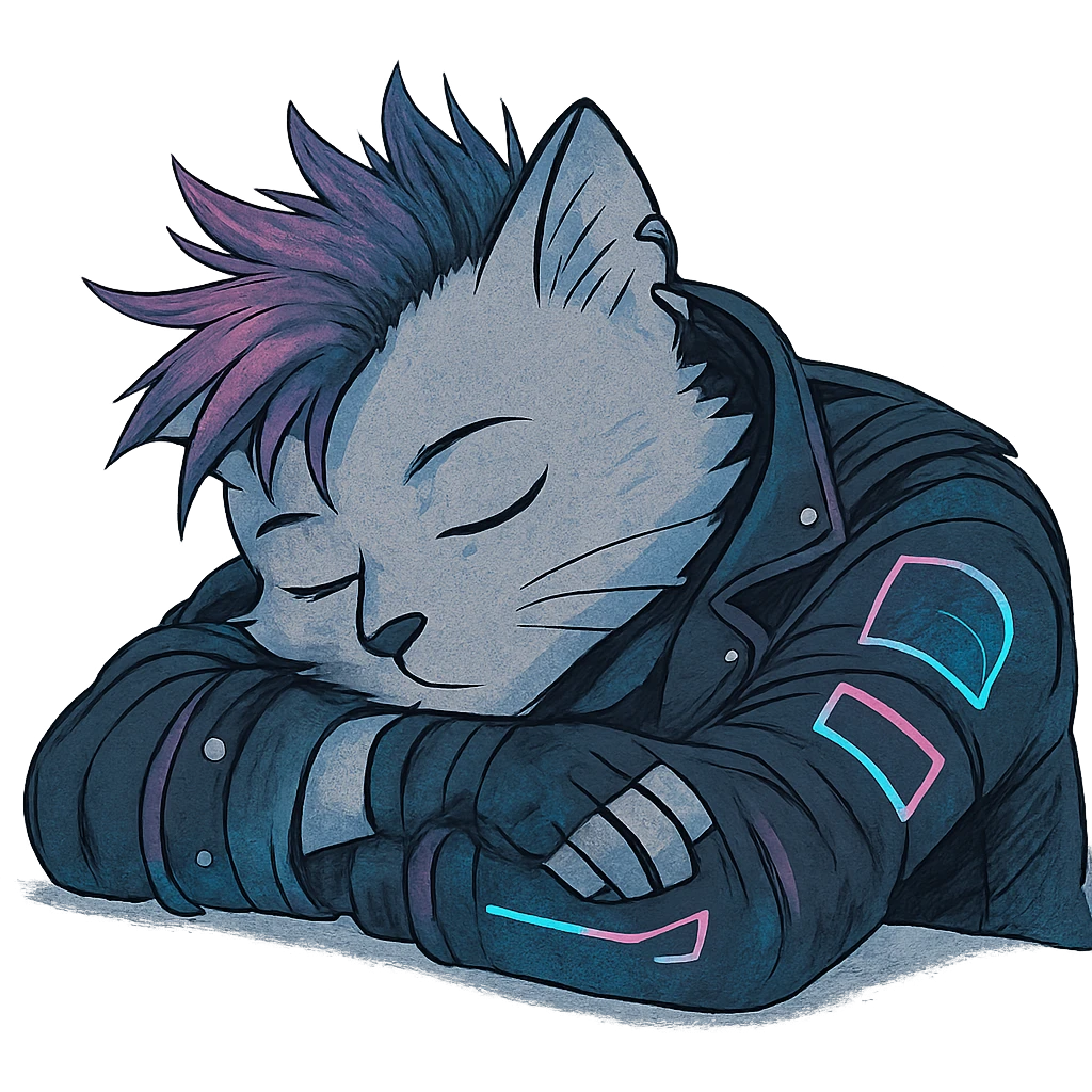  a anthro cat laying down his head to nap, punk gothic style, futuristic cyberwave cyberpunk, resting his head on his arms, head tilted sideways, light gray cata emoji