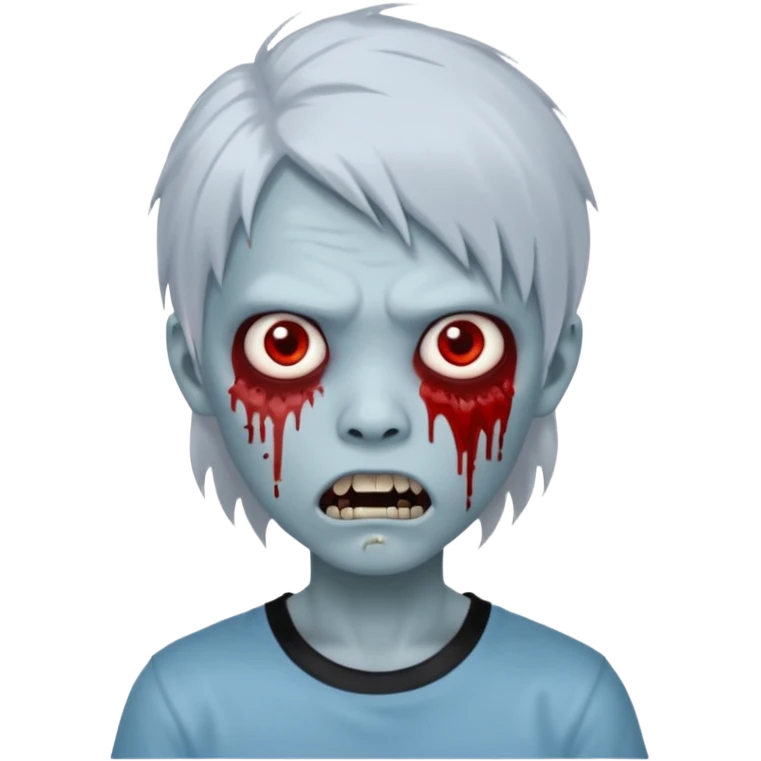 Create a 3D emoji-style avatar with very pale blue-grey zombie skin like the reference image, a young Asian face, and large eyes with blood tears. Give it white mullet-style hair, silver hoop earrings, and a simple black T-shirt. The expression should be slightly angry and has vampire teeth emoji