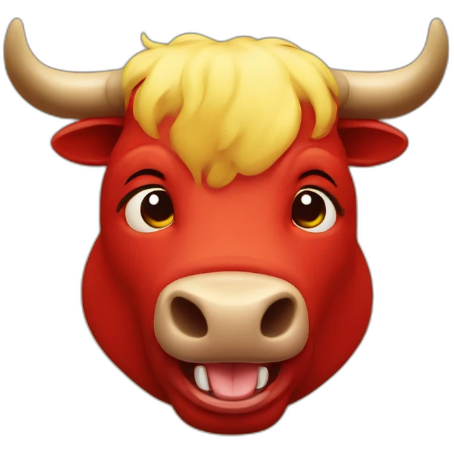 bull red in color is laughing tears coming out of eyes yellow background emoji