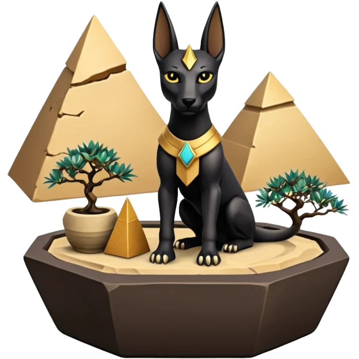 Kindly Protecting silky black-haired tiny statuette young miniature scale Anubis and pyramid scenery stone-age cracked irregular dodecagon bonsai pot  emoji