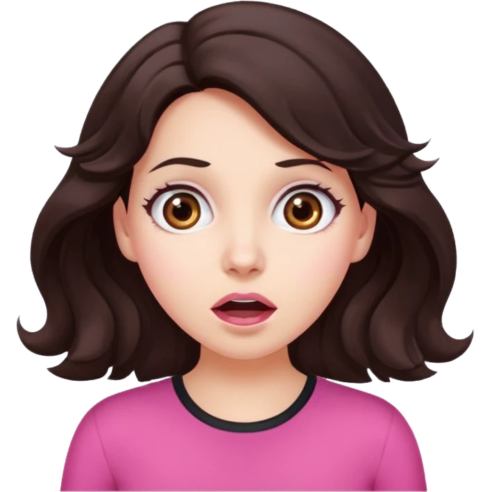 Barbie like emoji of a woman with white skin wavy dark brown hair, brown eyes wearing pink and with a surprised look emoji