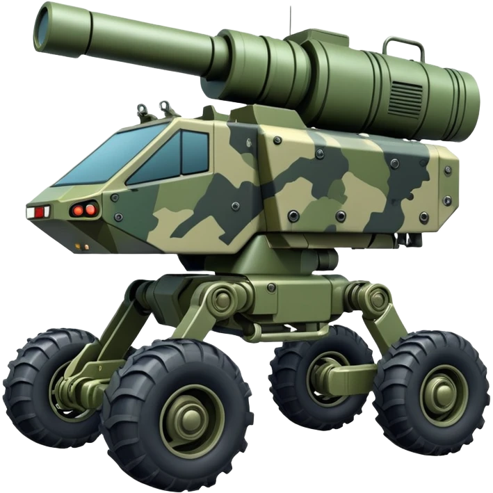 a 4-wheel armored camouflage army massive mech trail vehicle shooting forward side-hill leaning actively independent suspended pod gimbal enemy mech off-road racing rover with large fast engine  emoji