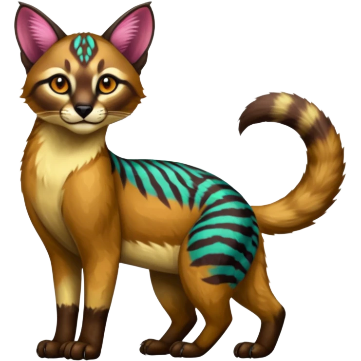 Vibrant-colored colorful painted marked patterned Asian glorious divine exotic cute cool beautiful shiny beautiful fantasy-caracal-civet-genet-sergal-vernid-Cacomistle-oncilla-animal-Fakémon-hybrid-fursona (full body) emoji