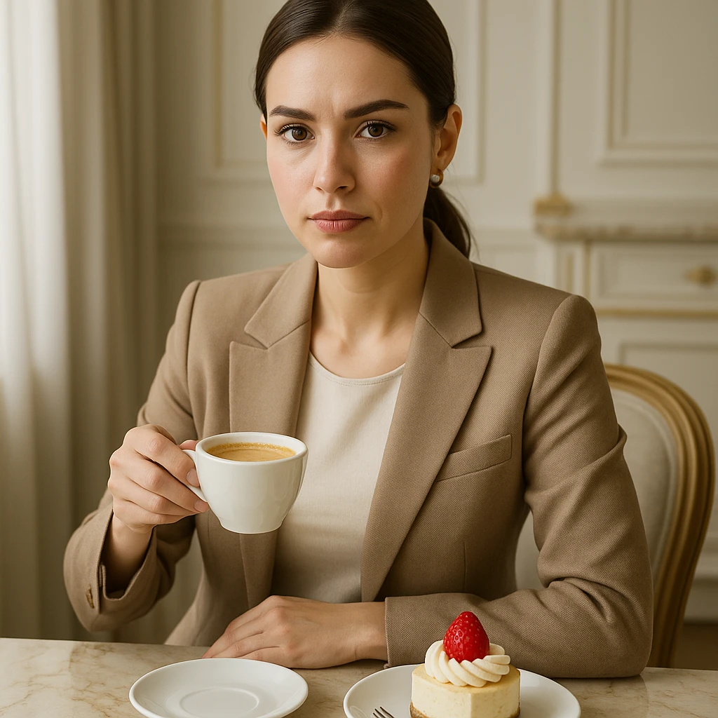 upper body portrait of a 25-35 year old woman, sophisticated and luxurious atmosphere, premium home cafe enthusiast enjoying the harmony of coffee and desserts, professional and quality-focused expression, clean and bright background emoji