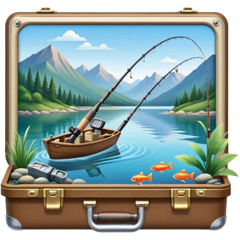 Icon for Fishing Travel: a fishing rod, tackle box and a boat on a calm lake surrounded by mountains and lush greenery, with fish jumping out of the water. The icon should capture the peaceful and adventurous nature of fishing trips. Transparent background. emoji