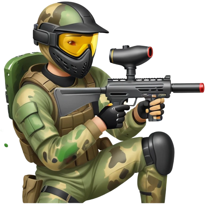 A paintball player in full gear, aiming a paintball gun with focus and determination. The scene includes vibrant splashes of paint and a dynamic battlefield setting, emphasizing action, strategy, and teamwork in a competitive environment emoji