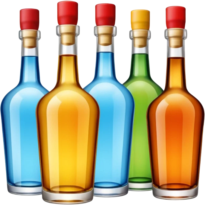 Four bottles of alcohol without labels, each with distinct shapes, arranged neatly in a row. The bottles should vary in color and size, with detailed caps. emoji