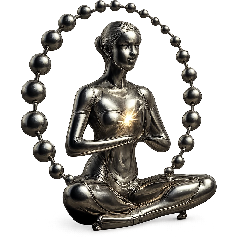 reflective chrome silhouette of a meditating woman with an open chest and a bright light emanating from within, spiral of spheres and glowing aura, highly metallic emoji