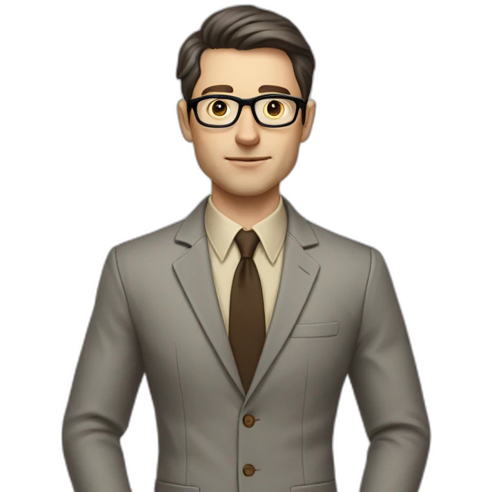 Full height Actively Gesturing Pale skinned fit man with dark brown hair in gray jacket, beige office shirt, brown tie, brown pants and vintage glasses. emoji