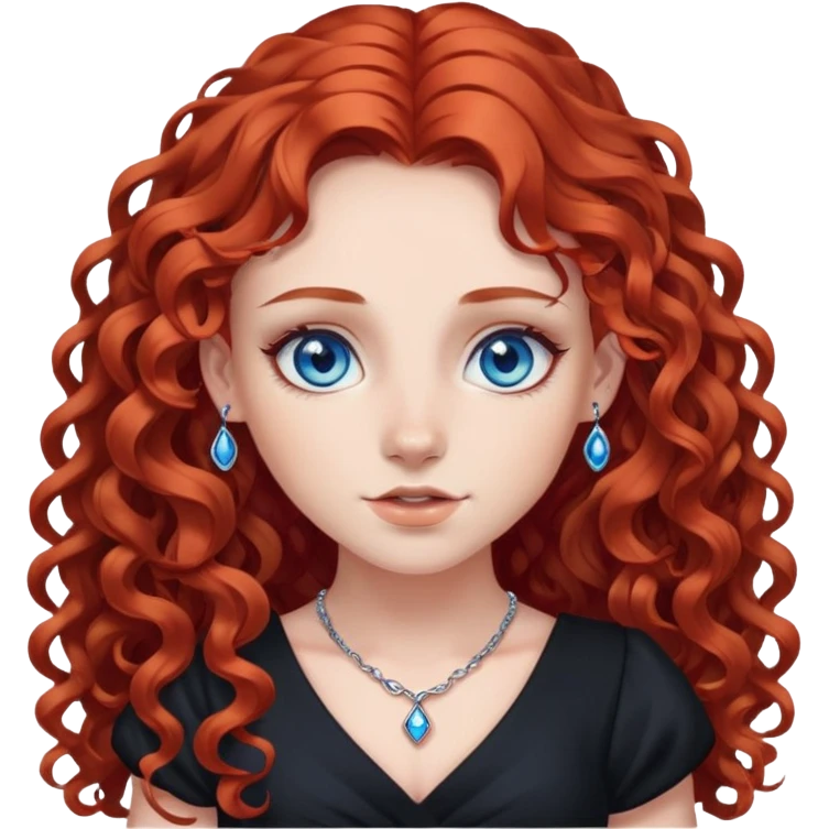 a girl with long curly red hair and blue eyes, in a black dress, with piercings emoji