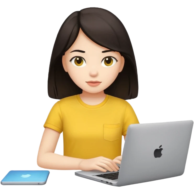 girl on a laptop, dark hair white skin and yellow shirt emoji
