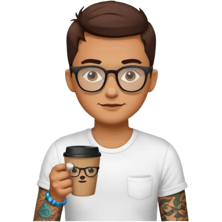 gözlük takan, dövmeli ve elinde kahve tutan, yaz kıyafetli insan. emoji