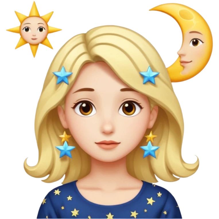 An Emoji of girl, who can be described by three words: sun, moo, star emoji