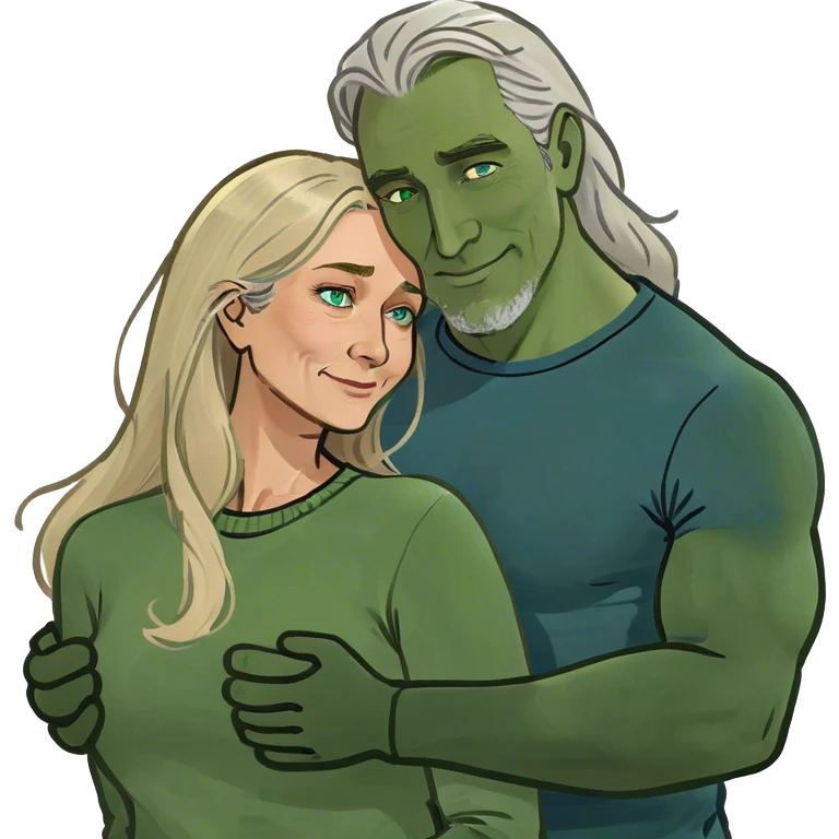 Hug between woman in her 50s with long blonde hair and blue eyes and muscular man in his 50s with blonde and grey hair and no beard or mustache  emoji