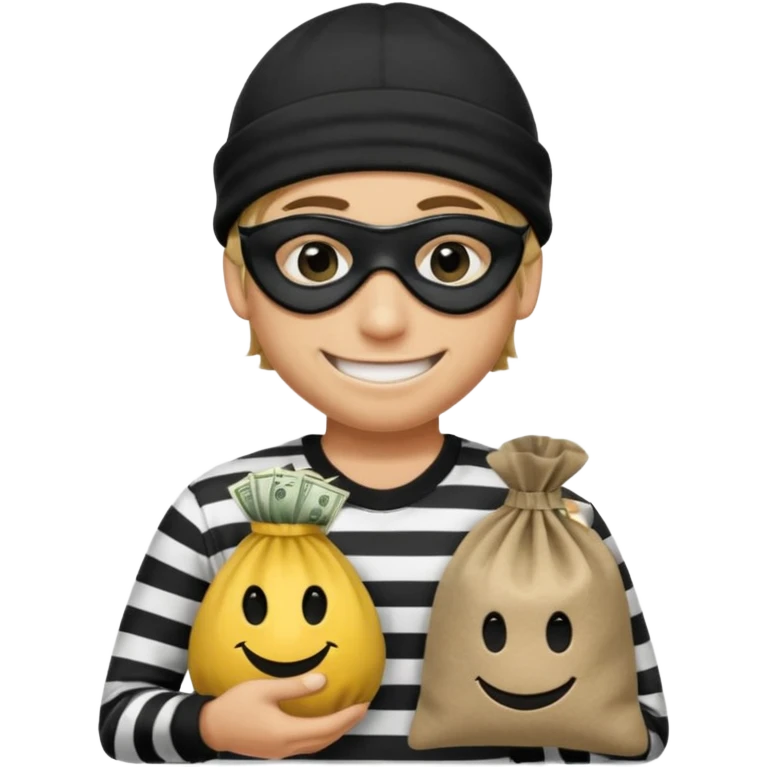 smiley robber wears black eye mask, black beanies and black and white stibes shirt with one money bag beside him emoji
