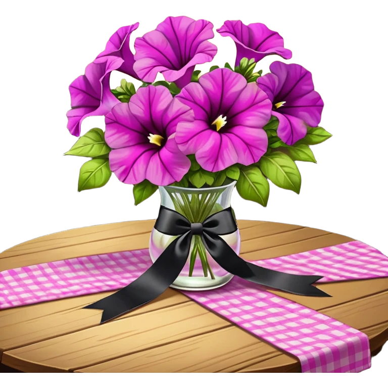A lush bouquet of bright light margenta color petunia black satin ribbon, resting on an antique wooden table, with a pale yellow and pink plaid pattern table cloth emoji