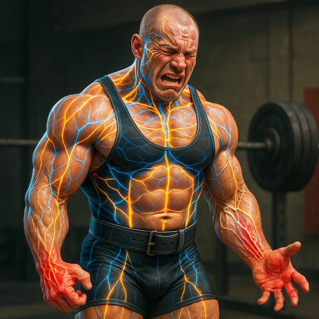 Powerlifter in competition clothing, muscles and nervous system glowing and growing, reddened and injured hand tendons, expression of pain, anatomical details, gym background emoji