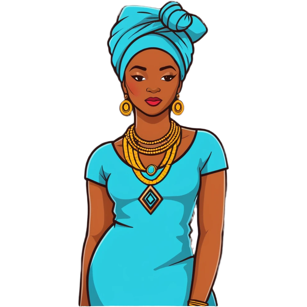 Fashionable African woman with designer clothes, stylish headwrap, statement jewelry and confident pose emoji