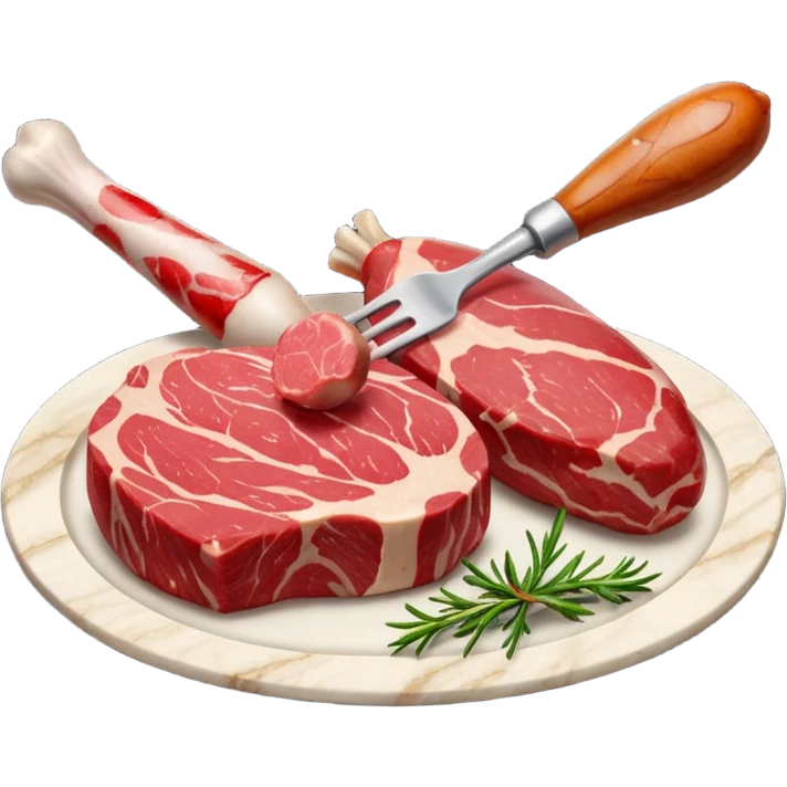 A raw red steak with visible marbling placed next to a small chicken drumstick. emoji