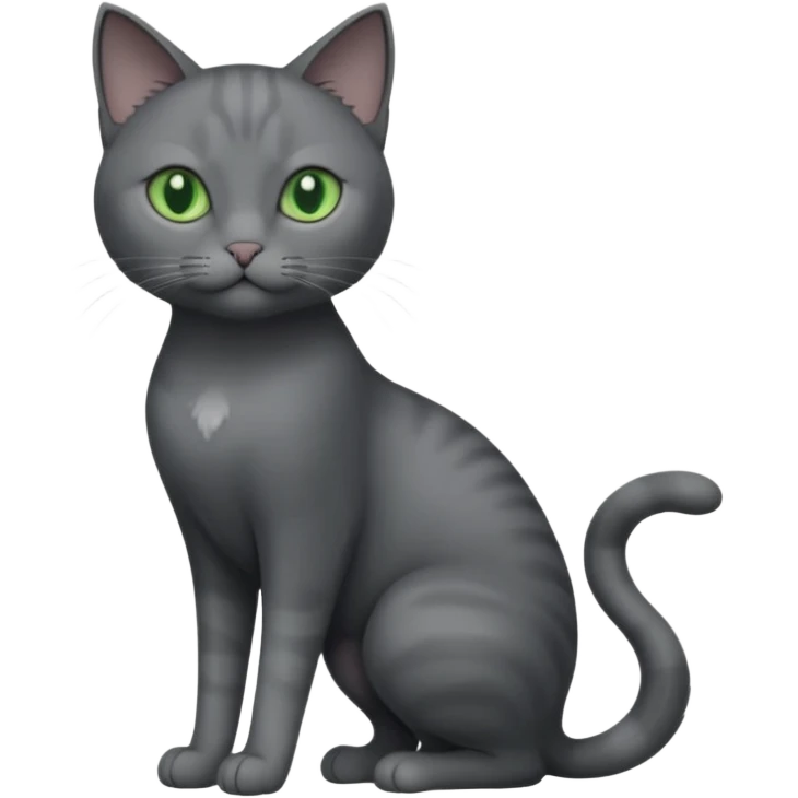 full body view of beautiful female solid dark grey cat with green eyes, grey face, white toes/paws and white patch on her chest emoji